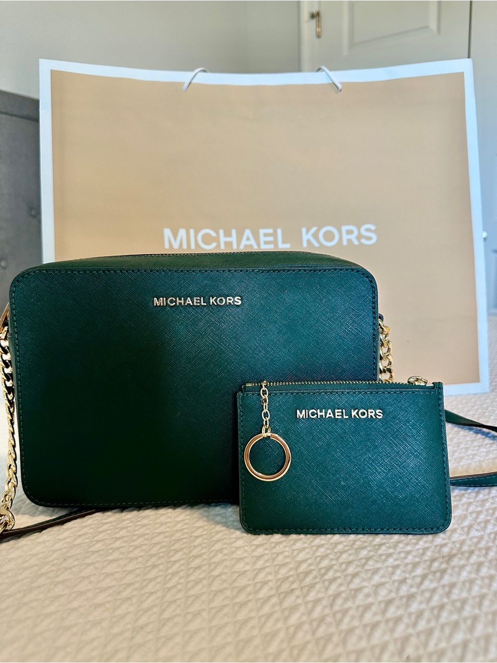 Michael Kors Dark Green Crossbody Bag with Card Pouch